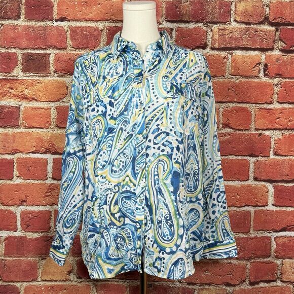 Chicos Size 1 (Medium) Multi Color 100% Cotton‎ Button Up Long Sleeve Blouse - Picture 1 of 10